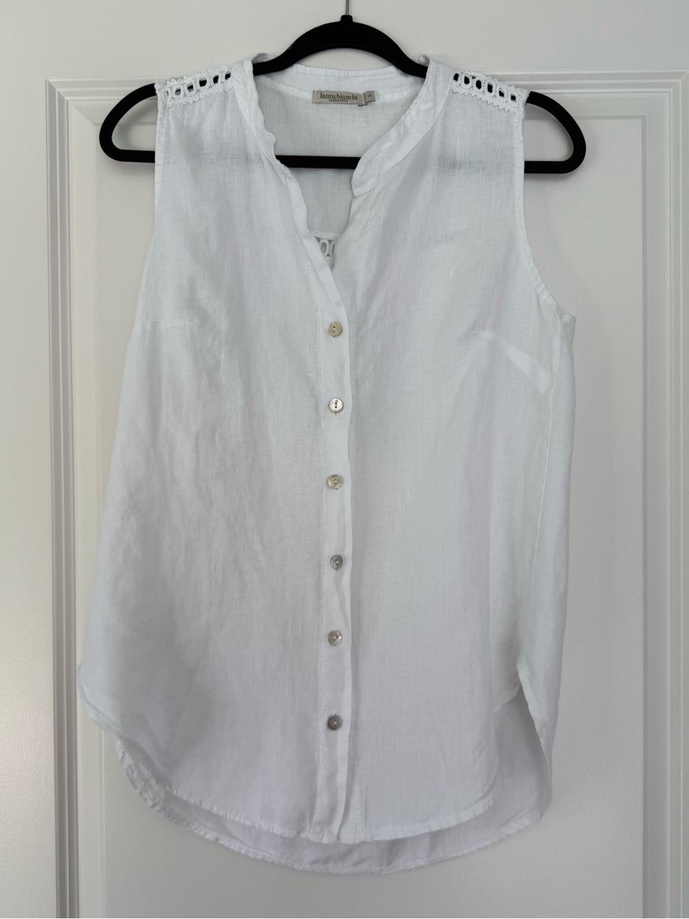 Sleeveless White Button-Front Women's Top with Crochet Shoulder Detail